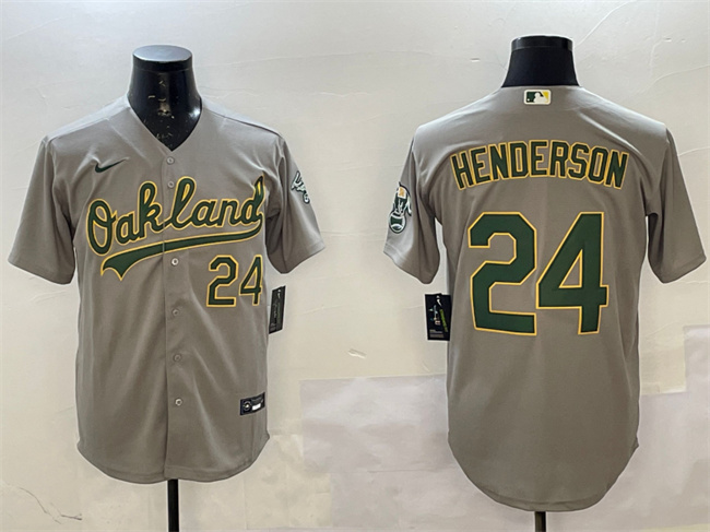Men's Oakland Athletics #24 Rickey Henderson Grey With Patch Stitched Baseball Jersey